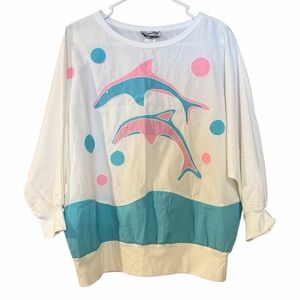Vintage 80s sanibal sport pastel Pink and blue pearl dolphin top
